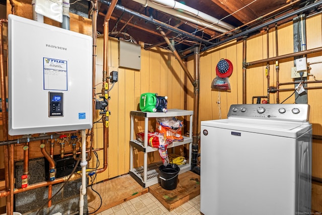 128 Auburn St, Stratford, CT 06614 - washroom featuring washer / clothes dryer, water heater, and wooden walls