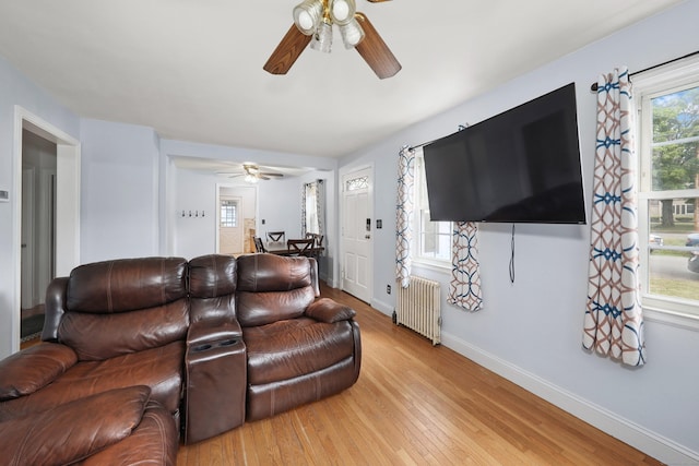 35 Oberlin Rd, Hamden, CT 06514 - living room featuring radiator, a ceiling fan, and light wood-style flooring