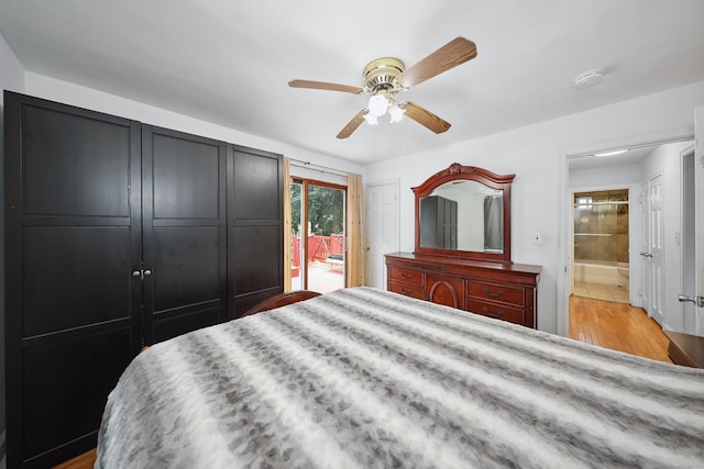 35 Oberlin Rd, Hamden, CT 06514 - bedroom with access to outside, light wood-style flooring, a ceiling fan, and ensuite bathroom