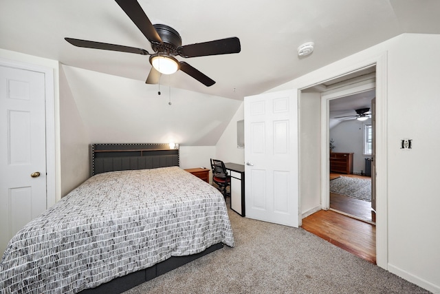 35 Oberlin Rd, Hamden, CT 06514 - carpeted bedroom featuring vaulted ceiling and ceiling fan