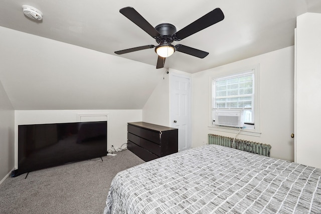 35 Oberlin Rd, Hamden, CT 06514 - carpeted bedroom with radiator, cooling unit, vaulted ceiling, and a ceiling fan
