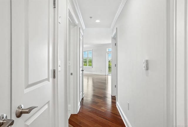 142 E Ave Unit A302, Norwalk, CT 06851 - hallway featuring dark wood-type flooring, crown molding, and recessed lighting