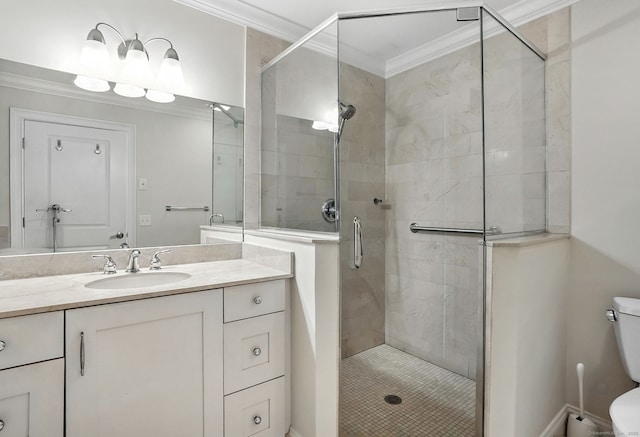 142 E Ave Unit A302, Norwalk, CT 06851 - bathroom featuring crown molding, vanity, and a stall shower