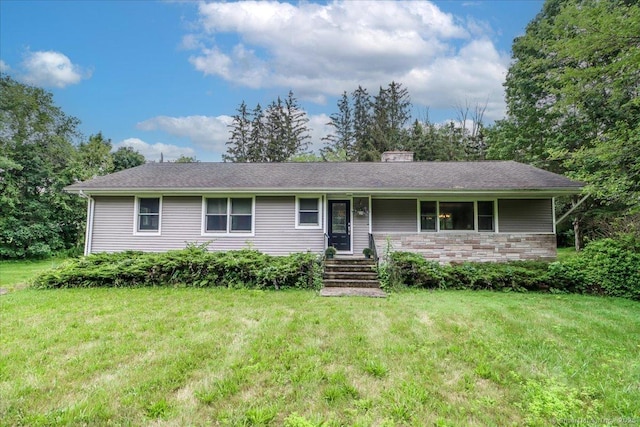 129 Russell Ave, Orange, CT 06477 - ranch-style house with a front lawn, a chimney, and stone siding