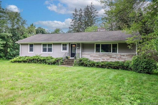 129 Russell Ave, Orange, CT 06477 - single story home featuring a front yard, stone siding, and a chimney