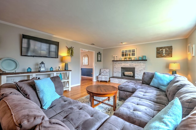 662 Booth Hill Rd, Trumbull, CT 06611 - living area featuring wood finished floors, crown molding, and a brick fireplace