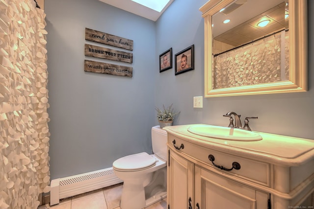 662 Booth Hill Rd, Trumbull, CT 06611 - bathroom featuring a baseboard radiator, tile patterned flooring, vanity, a skylight, and curtained shower