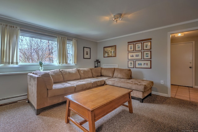 662 Booth Hill Rd, Trumbull, CT 06611 - living area with a baseboard heating unit, light colored carpet, ornamental molding, and light tile patterned floors