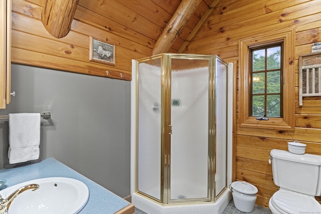 187 Chaplin Rd, Eastford, CT 06242 - bathroom featuring wood walls, a stall shower, and vanity