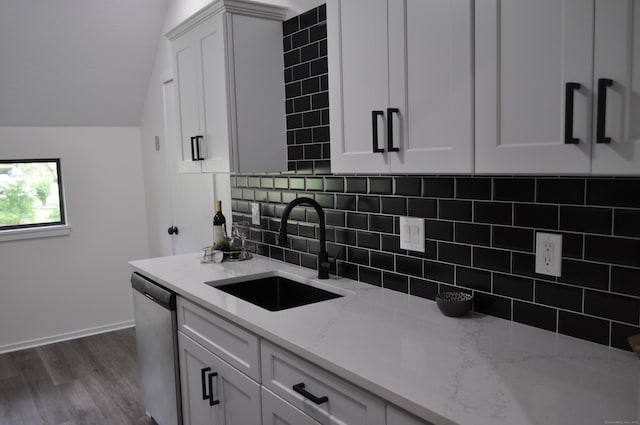 25 Heritage Dr Unit 25, Avon, CT 06001 - kitchen featuring dishwasher, light stone countertops, dark wood-type flooring, decorative backsplash, and white cabinets
