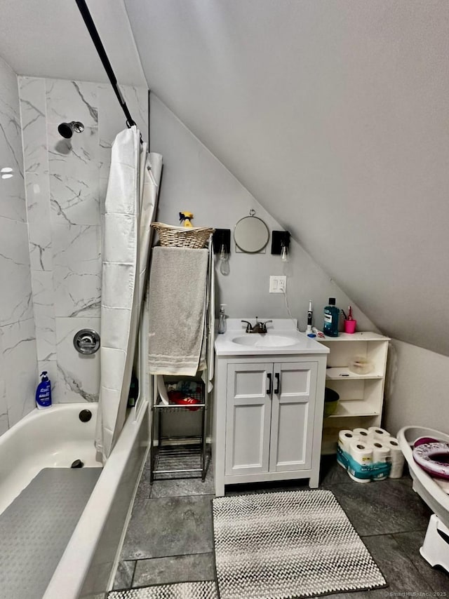 57 Houston St, New Haven, CT 06513 - full bathroom with lofted ceiling, shower / bathtub combination with curtain, and vanity