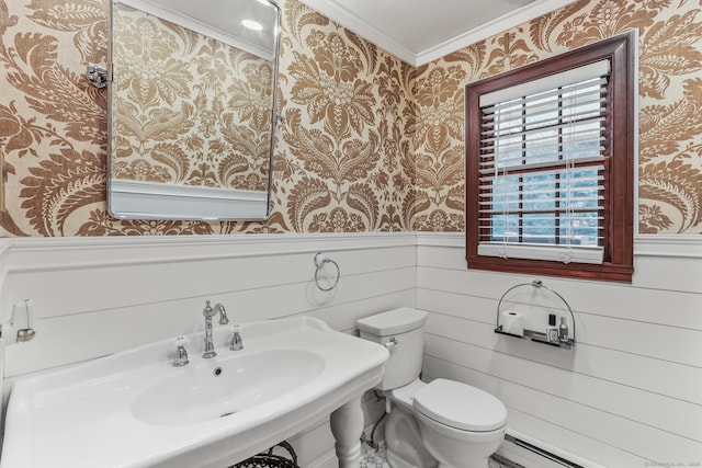 16 Pond Crest Rd, Danbury, CT 06811 - half bath featuring wallpapered walls, crown molding, wainscoting, and a baseboard radiator