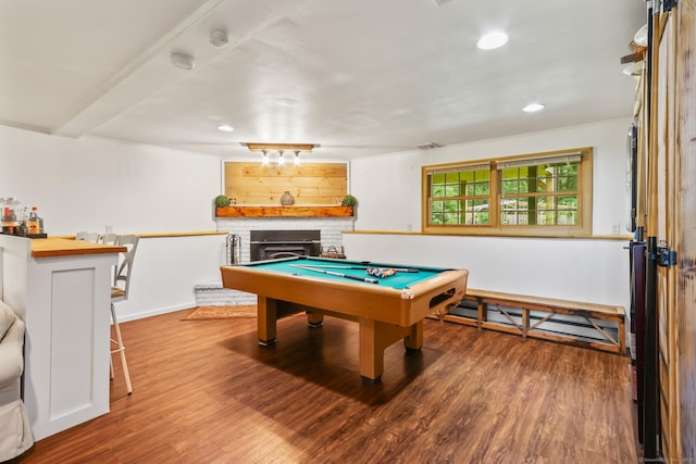 16 Pond Crest Rd, Danbury, CT 06811 - rec room with a baseboard heating unit, wood finished floors, a fireplace, recessed lighting, and billiards table