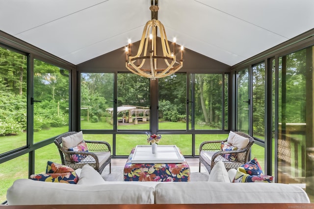 16 Pond Crest Rd, Danbury, CT 06811 - sunroom with a chandelier, vaulted ceiling, plenty of natural light, and an outdoor hangout area