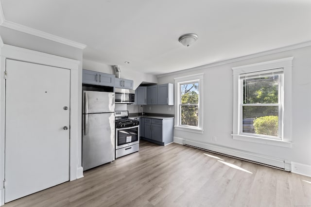 36 Taylor Ave, Norwalk, CT 06854 - kitchen with stainless steel appliances, baseboard heating, gray cabinets, light wood finished floors, and crown molding