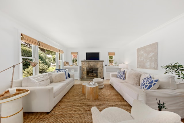 33 Ridgeley St, Darien, CT 06820 - living room featuring a fireplace and ornamental molding