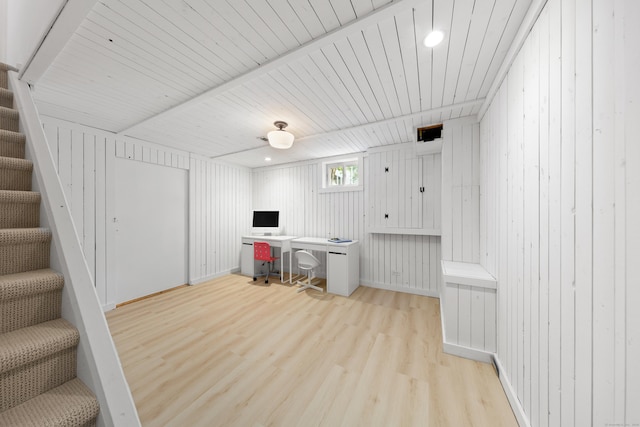 33 Ridgeley St, Darien, CT 06820 - home office with wood finished floors, wood walls, and wooden ceiling