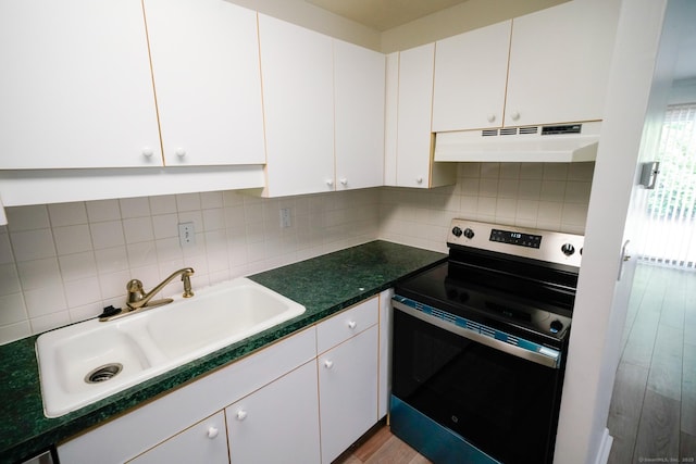 50 E Hill Rd Apt 2H, Canton, CT 06019 - kitchen featuring range with electric stovetop, under cabinet range hood, white cabinetry, and backsplash