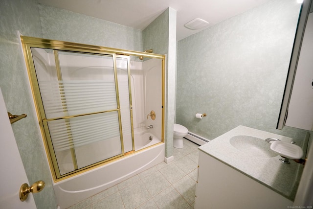 50 E Hill Rd Apt 2H, Canton, CT 06019 - bathroom featuring combined bath / shower with glass door, vanity, tile patterned flooring, and a baseboard heating unit
