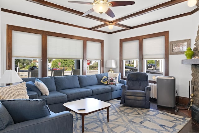 1176 Ocean Ave, New London, CT 06320 - living room with radiator heating unit, ceiling fan, light wood-style flooring, coffered ceiling, and beam ceiling