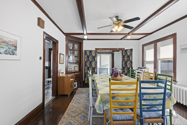 1176 Ocean Ave, New London, CT 06320 - dining space with ceiling fan, dark wood-type flooring, ornamental molding, and beam ceiling