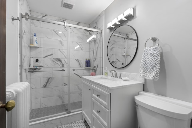 1176 Ocean Ave, New London, CT 06320 - full bath featuring radiator, vanity, a shower stall, and marble look tile flooring