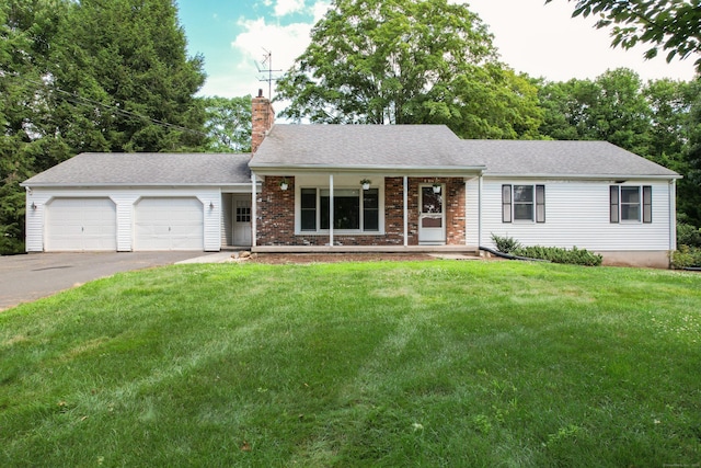 229 Flanders Rd, Southington, CT 06489 - ranch-style home featuring a chimney, asphalt driveway, an attached garage, a front lawn, and a porch