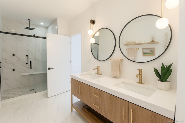 765 Durham Rd, Guilford, CT 06437 - bathroom with a marble finish shower, double vanity, marble look tile flooring, and recessed lighting