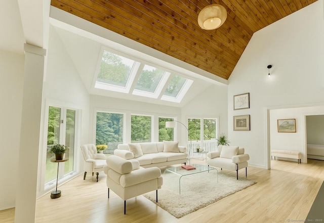765 Durham Rd, Guilford, CT 06437 - living room with high vaulted ceiling, wooden ceiling, a skylight, and light wood-type flooring