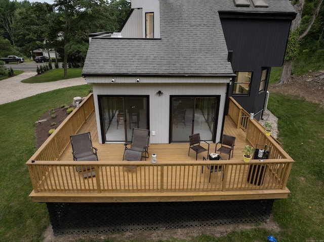 765 Durham Rd, Guilford, CT 06437 - rear view of property with a shingled roof, a deck, and a yard