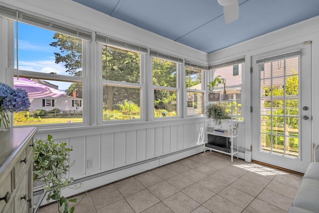 18 Lynde St, Old Saybrook, CT 06475 - unfurnished sunroom with healthy amount of natural light, a baseboard radiator, ceiling fan, and french doors