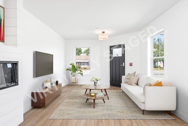 44 Williams St, Stonington, CT 06379 - living room with healthy amount of natural light, light wood-style flooring, and a fireplace