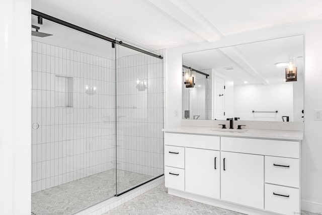 44 Williams St, Stonington, CT 06379 - full bathroom featuring a stall shower, vanity, and beamed ceiling