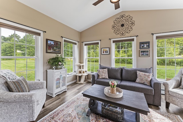 32 Mockingbird Dr Unit 32, Killingly, CT 06239 - living room featuring a ceiling fan, lofted ceiling, and wood finished floors