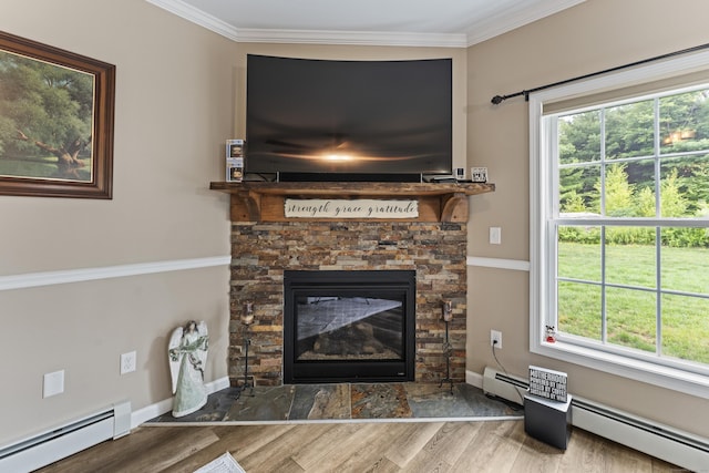 32 Mockingbird Dr Unit 32, Killingly, CT 06239 - detailed view of a baseboard radiator, wood finished floors, a stone fireplace, and crown molding