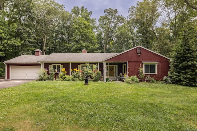 93 Kettletown Woods Rd, Southbury, CT 06488 - single story home with a front yard, an attached garage, a chimney, concrete driveway, and view of wooded area