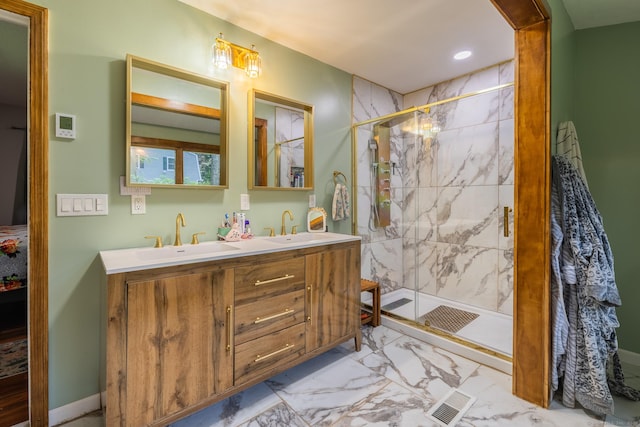 93 Kettletown Woods Rd, Southbury, CT 06488 - bathroom featuring marble look tile flooring, a marble finish shower, double vanity, and recessed lighting