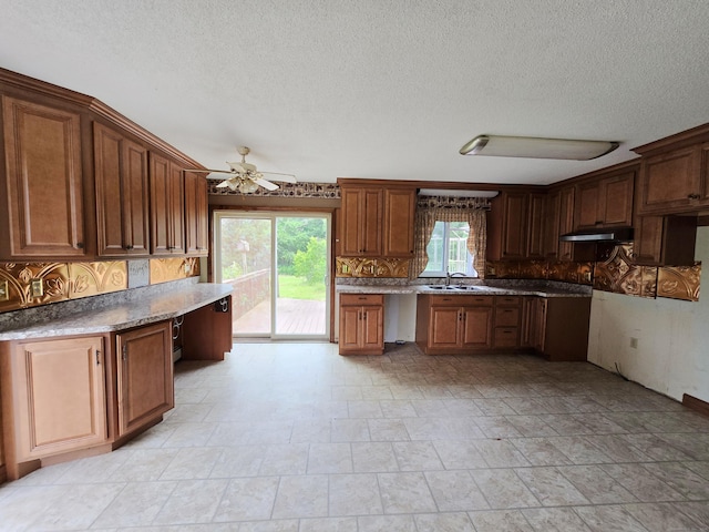 947 Ekonk Hill Rd, Voluntown, CT 06384 - kitchen featuring backsplash, a ceiling fan, under cabinet range hood, dishwasher, and a textured ceiling