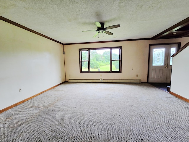 947 Ekonk Hill Rd, Voluntown, CT 06384 - unfurnished room featuring a baseboard radiator, light colored carpet, healthy amount of natural light, ceiling fan, and crown molding