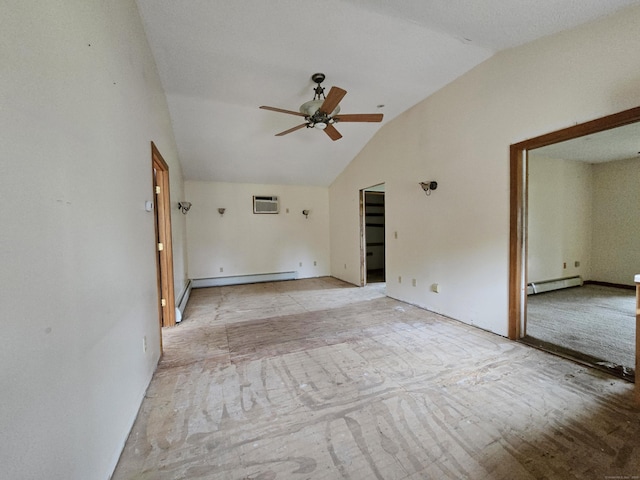 947 Ekonk Hill Rd, Voluntown, CT 06384 - empty room with ceiling fan, a baseboard radiator, a wall mounted AC, and high vaulted ceiling