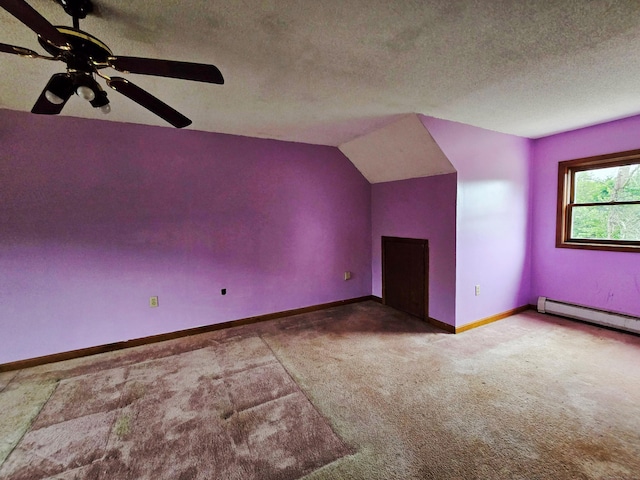 947 Ekonk Hill Rd, Voluntown, CT 06384 - additional living space featuring carpet flooring, a textured ceiling, baseboard heating, lofted ceiling, and ceiling fan