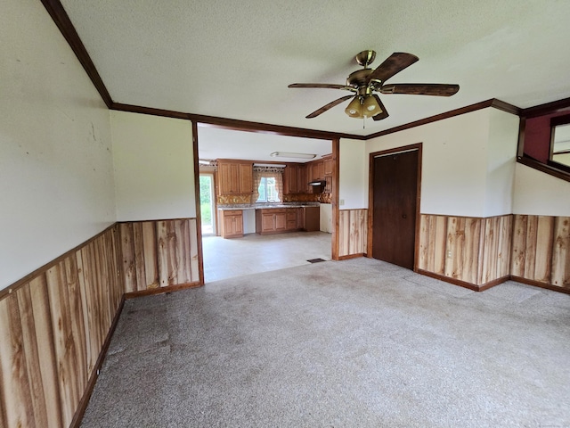 947 Ekonk Hill Rd, Voluntown, CT 06384 - unfurnished living room featuring wood walls, crown molding, wainscoting, a ceiling fan, and light colored carpet