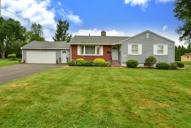 20 Tumble Brook Rd, Rocky Hill, CT 06067 - ranch-style house with asphalt driveway, a chimney, an attached garage, a front lawn, and entry steps