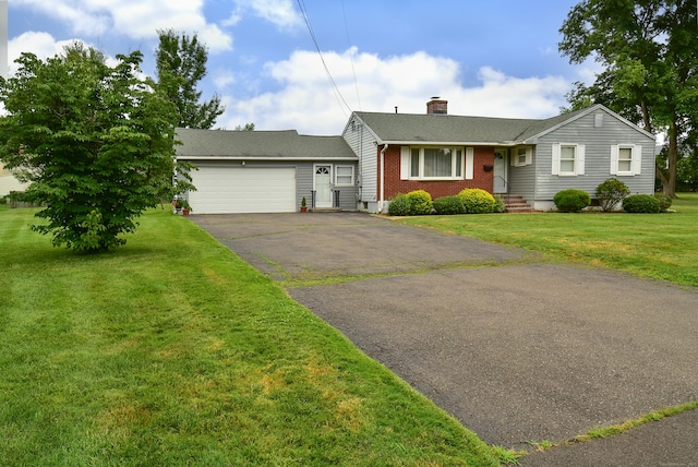 20 Tumble Brook Rd, Rocky Hill, CT 06067 - ranch-style home featuring asphalt driveway, a chimney, an attached garage, brick siding, and a front yard