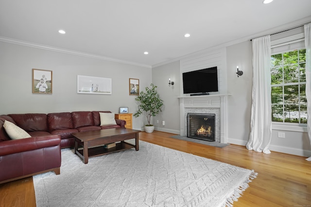 36 Blueberry Ln, Canton, CT 06019 - living area with crown molding, a lit fireplace, wood finished floors, and recessed lighting