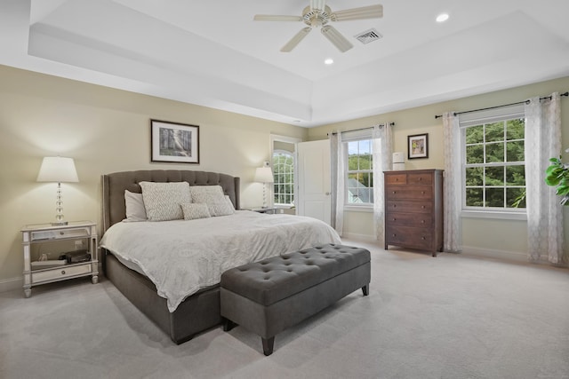 36 Blueberry Ln, Canton, CT 06019 - bedroom with a tray ceiling, light carpet, recessed lighting, and ceiling fan