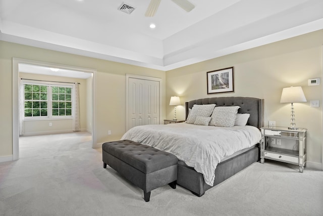 36 Blueberry Ln, Canton, CT 06019 - bedroom with light carpet, ceiling fan, a closet, recessed lighting, and a tray ceiling