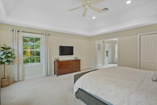 36 Blueberry Ln, Canton, CT 06019 - carpeted bedroom featuring a raised ceiling, recessed lighting, a ceiling fan, a closet, and connected bathroom