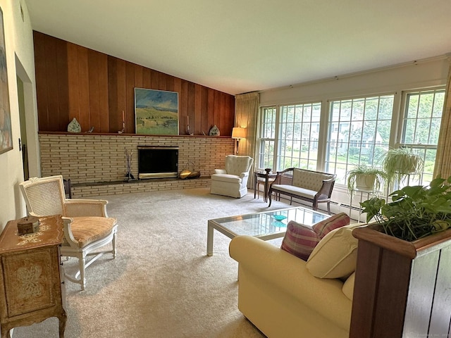 51 Westridge Dr, Avon, CT 06001 - carpeted living area featuring wood walls, lofted ceiling, and a brick fireplace