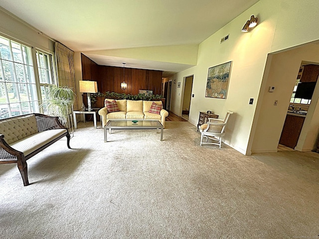 51 Westridge Dr, Avon, CT 06001 - living room with light colored carpet, lofted ceiling, and wood walls